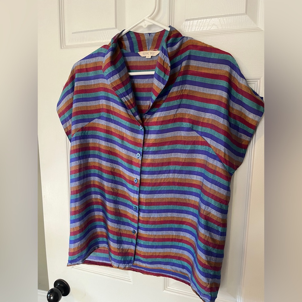 Vintage Silk & Cotton Colorful Striped Button-Up Top & Skirt Set. - Picture 4 of 8